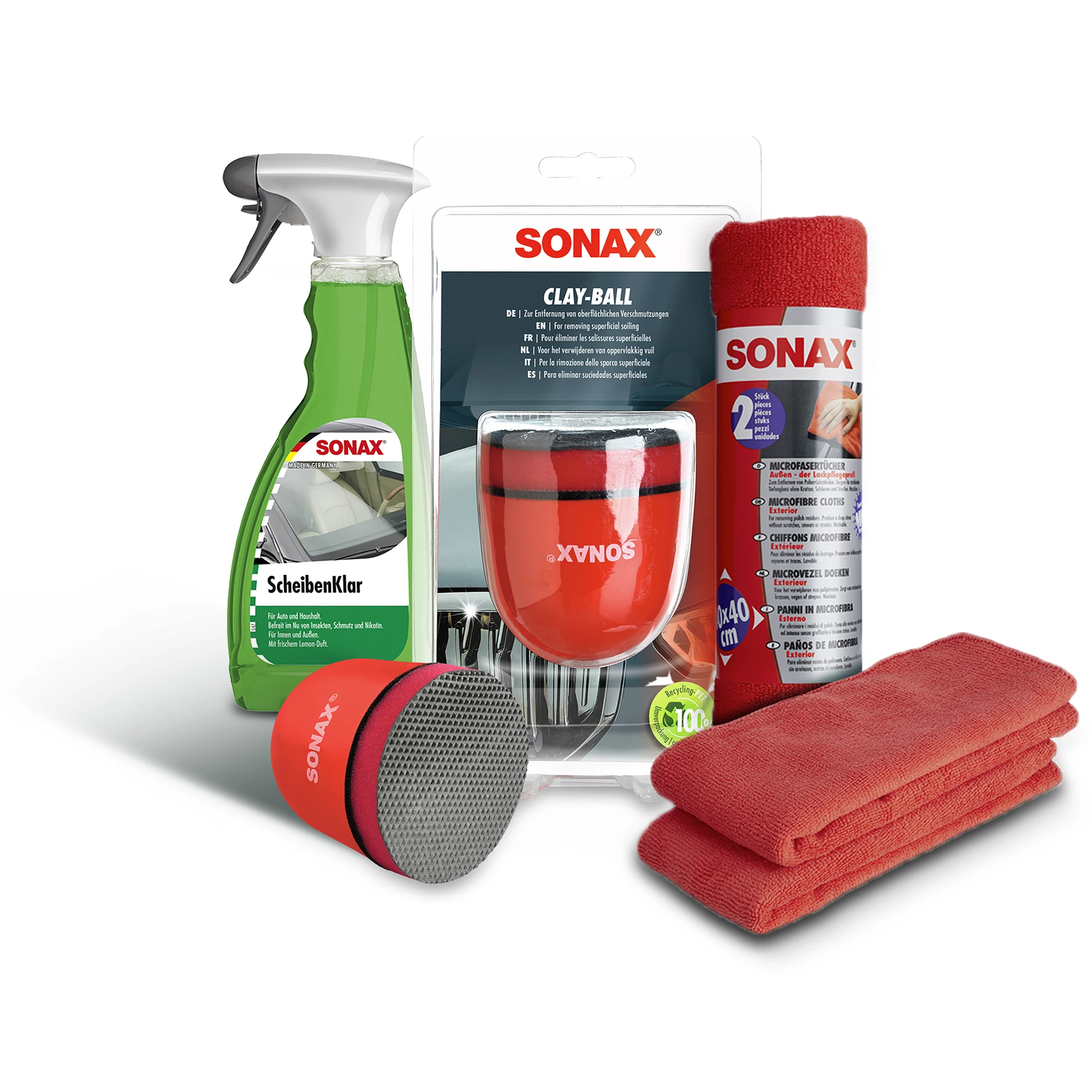 SONAX 1x 500ml ScheibenKlar + Clay-Ball + 2x MicrofaserTücher Außen  03382410 günstig online kaufen
